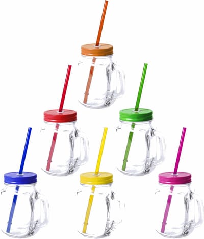 12x stuks Glazen Mason Jar drinkbekers met dop en rietje 500 ml - 6x kleuren, 2x stuks per kleur