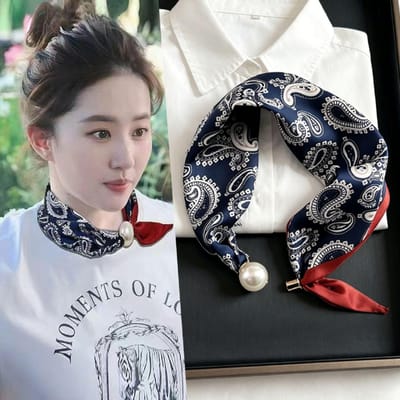 Luxe Zomer Dun Parel Vrouwen Zijden Sjaal Magnetische Gesp Lui Sjaal Meisjes Zoet Elegant Hanger Sleutelbeen Ketting Nek Sjaals 47X13cm