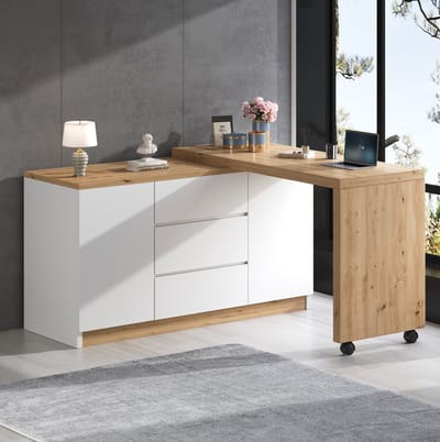 FloraGrace Bureau - Draaibaar En Opklapbaar Hoekbureau Met Wielen - 2 Deuren En 3 Lades - Spaanplaat - 120x50x76,5 Cm - Wit En Eiken