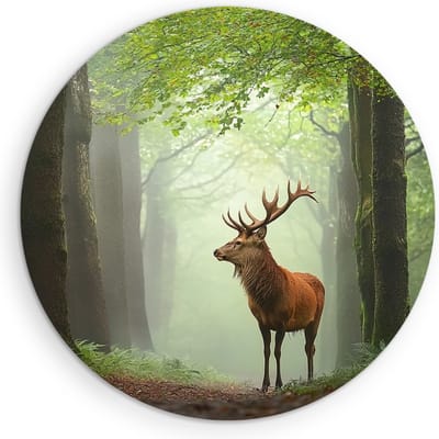 Saammp Muurcirkel Hout - Hert tussen bomen in het bos - Natuur - Dieren - Ø 90 - Wandcirkel - Wanddecoratie Cirkel - Muurdecoratie Woonkamer - Slaapkamer decoratie - Rond Schilderij