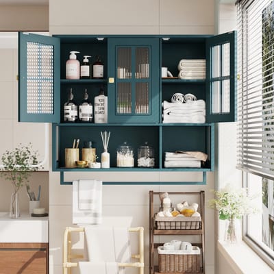 MODENUIT Badkamerkast - Wandkast Met 3 Deuren En Handdoekstang - Voor Badkamer En Hal - MDF Glas - Donkergroen