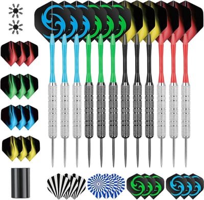 Professionele Steel Tip Darts Set van 12 Stuks met 18g Darts, 12 Schachten, 24 Vliegen en Dart Slijper voor Dartbord Spelletjes
