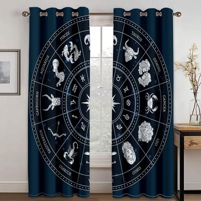 Zwart Kompas Symbool Gordijn Wolf Hoofd Uitbreiding Woonkamer Slaapkamer Keuken Balkon Raam Decor Gordijn 2 Panelen 50W130H(CM)X2PCS&Hook
