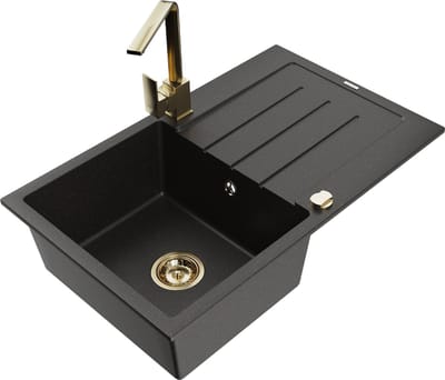 Mexen Bruno granitische spoelbak met 1 bak, druiprek en keukenmengkraan Rita, zwart/goud metallic - 6513-75-670300-50