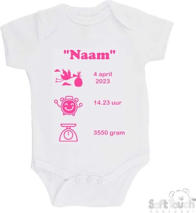 100% katoenen Romper met naam & geboortegegevens Unisex/Meisje/Jongen Katoen Wit/roze Maat 62/68