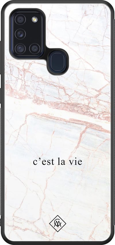 Casimoda® hoesje - Geschikt voor Samsung Galaxy A21s - C'est La Vie - Luxe Hard Case Zwart - Backcover telefoonhoesje - Bruin/beige