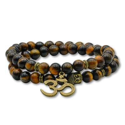 Marama - Wikkelarmband Ohm Tijgeroog - Damesarmband - edelsteen - elastisch - Ohm-teken - Buddha - Bruin-Brons - cadeau dames - 2x om de pols - geschenkzakje