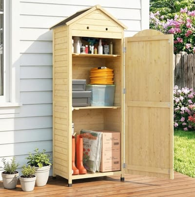 MEUNIQ Gartenschrank 85 x 58 x 213 cm met 2 verstelbare en uitneembare planken, magnetische deur, ventilatie en gegalvaniseerd dak voor tuin of terras, Naturel