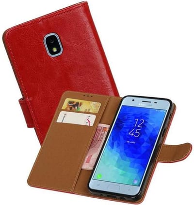 Zakelijke Book Case Telefoonhoesje Geschikt voor de Samsung Galaxy J3 2018 - Portemonnee Hoesje - Pasjeshouder Wallet Case - Rood