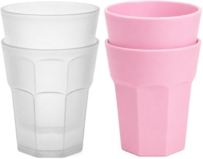 Plasticforte onbreekbare drinkglazen - 8x stuks - kunststof/plastic - mix van twee kleuren - roze en transparant - 360 ml - 10 x 9 cm