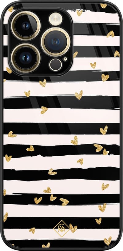 Casimoda® hoesje - Geschikt voor iPhone 14 Pro - Hart Streepjes - Luxe Hard Case Zwart - Backcover telefoonhoesje - Zwart