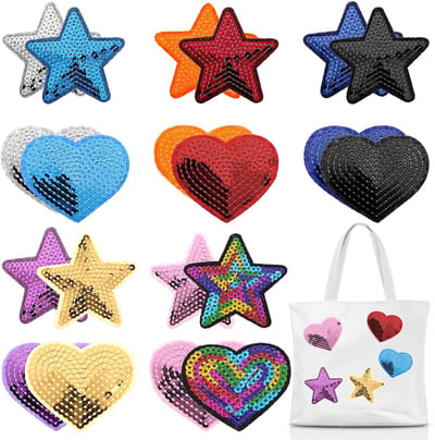 Allecto - 20 stuks opstrijkpatches - Ster en hart patches - Glitters en kleuren - Voor kleding en accessoires - Creatief en persoonlijk - Geschikt ...