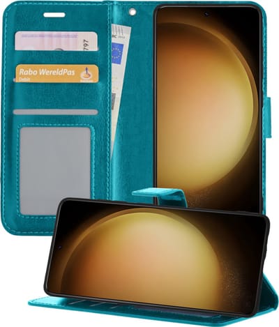 Hoesje - Met Pasjeshouder - Geschikt voor Samsung Galaxy S23 - Luxe Bookcase Portemonee - Flip Case - Kunstleer Book Case - Flipcase - Book Cover - Walletcase - Portemonneehoes - Telefoonhoesjes - Turquoise
