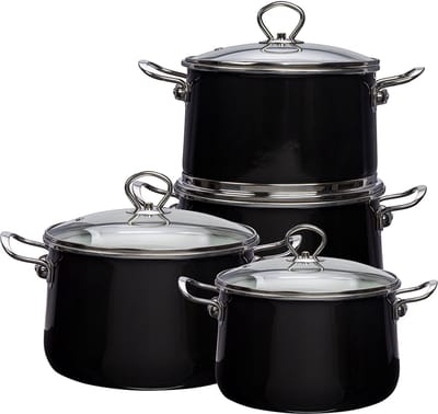 Altom Design Izydor 8 Delige Emaille Pannenset Retro zwart - Limited Edition Kookset - Geëmailleerde Kookpannenset - Exclusief Design Emaille Pannenset