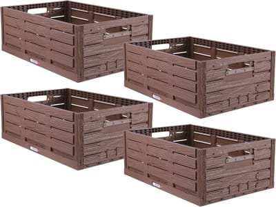 Stabiele vouwbox set van 4 - Houtlook, 60 x 40 x 21.8 cm, Stapelbaar, Vouwbare boodschasten