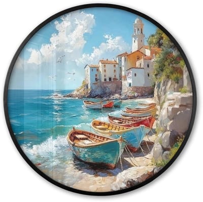 Poster in lijst Rond - Fotolijst 60x60 cm - Posters - Boten - Rotsen - Zee - Zon - Ronde posterlijst zwart - Decoratie - Wanddecoratie woonkamer - Muurdecoratie slaapkamer