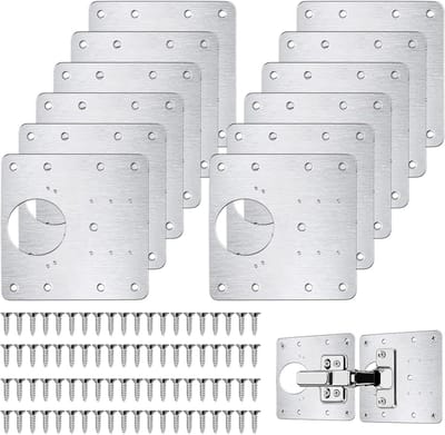 Famanu - Roestvrijstalen scharnierreparatieplaat, 12 stuks, keukenscharnier, reparatieplaten met 80 stuks schroeven, 9 x 9 cm, keukenscharnier, reparatieset, deur, kast, woonmeubel, lade, kisten,