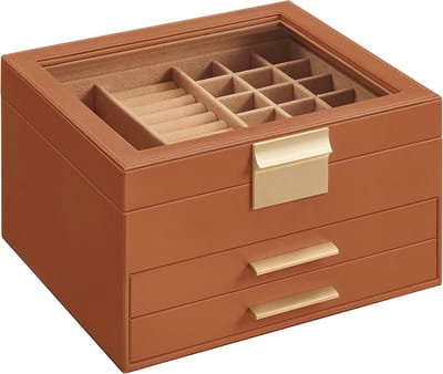 Sieradendoos - Organisator - Opbergdoos - Elegant ontwerp - 20,3 cm x 23,1 cm x 13,5 cm - MDF, PU, ​​Fluweel, Glas - Karamelbruin-Gouden
