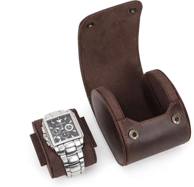 Luxe Horloge Opbergdoos van Echt Leer, Beschermende Rolcase met 1 Slot, Perfecte Cadeau voor Mannen en Vrouwen, Horloge Organizer in Koffiekleur