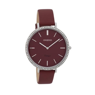 Zilverkleurige OOZOO horloge met bordeaux rode leren band - C9802