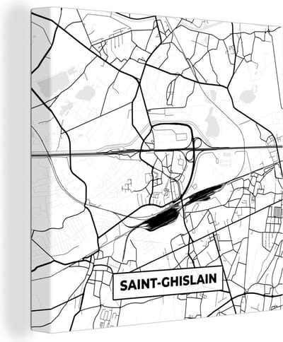 Canvas Schilderij Stadskaart – Plattegrond – België – Zwart Wit – Saint Ghislain – Kaart - 20x20 cm - Wanddecoratie