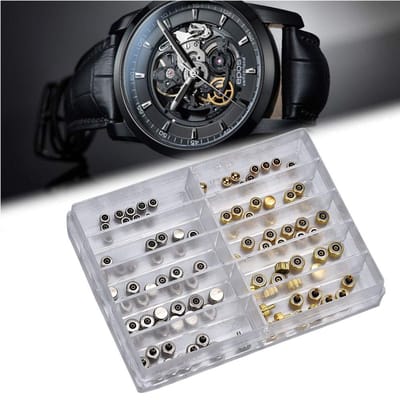 Dailygoods- Horloge Kroon - 100 Stuks - Roestvrij Staal - Reserveonderdelen - Reparatie Tool Kit - Kunststof Houder - Verschillende Maten - Horloge Onderdelen