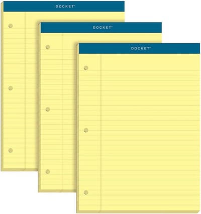 TOPS Docket schrijfblok 63392, 21 x 29 cm, kanariegeel papier, smalle linering, drievoudig geperforeerd, 100 vellen, 3 stuks