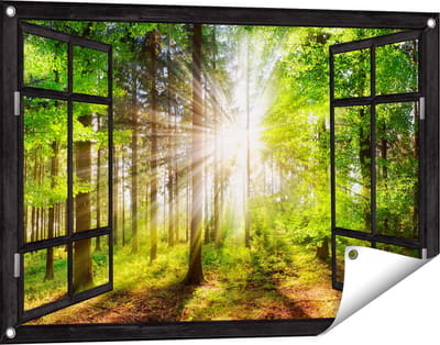 Gards Tuinposter Doorkijk Bos met Zon tussen de Bomen - 90x60 cm - Tuindoek - Tuindecoratie - Wanddecoratie buiten - Tuinschilderij