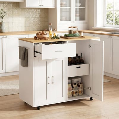 Verrijdbaar Keukeneiland, Klein Keukenkastje, Keukentrolley op Wielen, Dressoir Lades Voor Eetkamer, 3 Kruidenplanken, Opbergruimte Voor Veelgebruikte Spullen met Gemakkelijke Toegang (Wit)