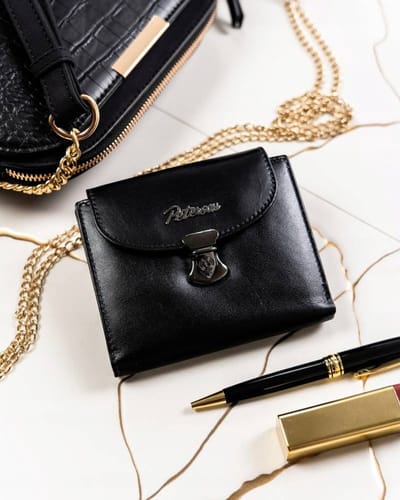 Peterson - Luxe Cadeauset voor Dames - Verticaal Model Portemonnee & Sleutelhanger - Echt Leer - Zwart - RFID-Beveiliging