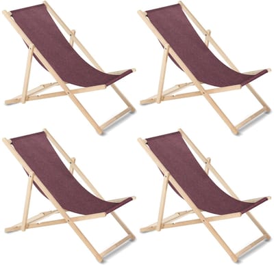 GreenBlue - Set van 4 stuks strandstoel - Houten ligstoel Beukenhout Drie verstelbare rugleuningposities bordeauxrood