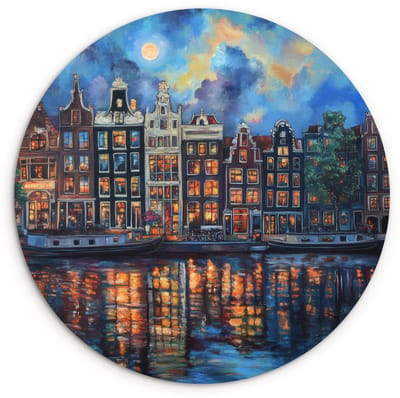 WallCircle® Wandcirkel 120x120 cm - Muurcirkel Grachten Amsterdam - Huizen - Stad - Kleurrijk - Muurdecoratie woonkamer - Wanddecoratie slaapkamer - Kamer decoratie accessoires - Ronde schilderijen XXL