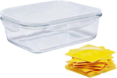 Famanu - Kaasdoos, koelkast van borosilicaatglas, transparante luchtdicht en vaatwasmachinebestendige kaasbox, vershouddoos voor kaas en voorraden, 22,1 x 16,5 x 6,8 cm