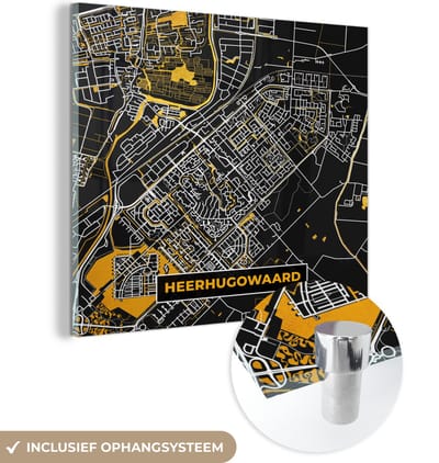 MuchoWow® Glasschilderij 50x50 cm - Schilderij acrylglas - Stadskaart - Heerhugowaard - Goud - Zwart - Foto op glas - Schilderijen - Plattegrond