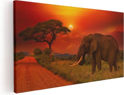 Artaza Canvas Schilderij Olifant - 40x20 cm - Klein - Wanddecoratie Afrika - Muurdecoratie Zonsondergang - Schilderijen Dieren