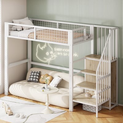 DESMIU Hoogslaper 90x200cm – Kinderbed Met Trap En Kledingkast – Met Opbergruimte Onder De Trap – Voor Kinderkamer En Logeerkamer – Metaal – Wit – Zonder Matras