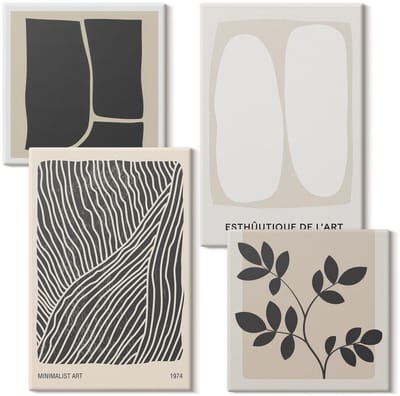 Wallfluent Set van canvas schilderijen - Bloemenpatronen en minimalistische lijnen in neutrale kleuren Canvas Schilderijen Set - Set van 4 Canvas Schilderijen - Beige Set van Canvas Prints - Abstractie Canvas Kunst Set - Boheemse Canvas Kunst Set