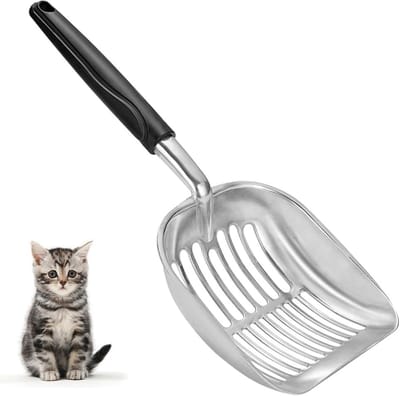 Oneay Kattenbakschep Aluminium - Stevige Metalen Zeef met Lange Steel - Duurzame Kattenbakvulling Schepper voor Alle Bakken