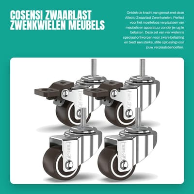 Dailygoods- Zwenkwielen Zwaarlast met 2 Remmen - Set van 4 - 25 mm M6x15 mm Bout - Tot 40 kg - Antislip - Veilig voor Alle Vloertypes - Meubelwielen
