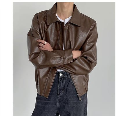 Veste en cuir rétro automne et hiver style coréen Veste en cuir courte ample Haut beau pour homme M brun foncé