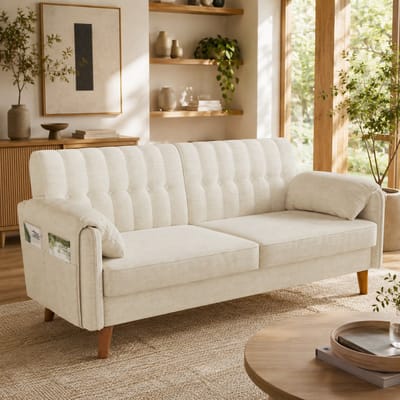 Bank - Tweezitsbank - 2-zits bank - Comfortabele zitbank - Ergonomisch - 161x79x83 cm - Met opbergtas - Met dik zitkussen - Met armleuningen - Chenillestof - Bankpoten van massief hout - Geschikt voor slaapkamers en kleine ruimtes - Beige