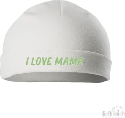 Soft Touch Mutsje Rolmutsje Bedrukt "I Love Mama" Wit/sage green (saliegroen) Maat New Born Maat 56