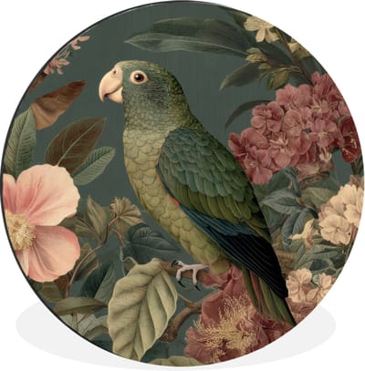 WallCircle - Wandcirkel - Muurcirkel - Groene papegaai - Kleurrijke bloemen - Donkere achtergrond - Aluminium - Dibond - 30x30 cm - Binnen en Buiten
