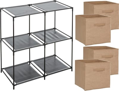 5Five Kastmandjes/opberg manden - lichtbruin - jute - 4x van 29 Liter - Metalen rekje is 67 x 68 cm