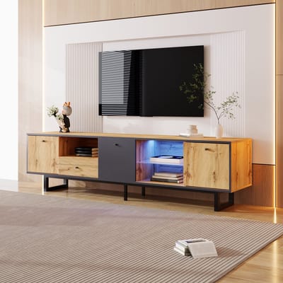 STILVORA TV meubel - TV-Lowboard Met Glastrennwand - LED-Verlichting Inclusief - Modern & Functioneel - Rechthoekig - Voor Televisie - 190 L x 40 B x 50 H cm - Spaanplaat - Hout En Grijs