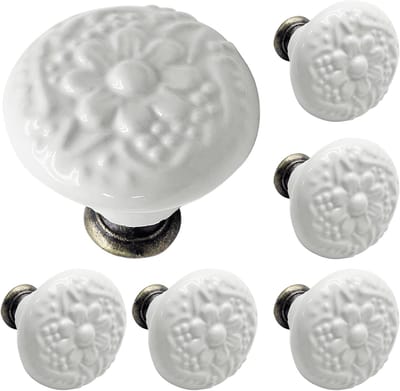 Set van 6 Kastknoppen met Witte Bloem - Meubelknoppen Keramiek Rond - Vintage/Antiek handgreep voor deur en lade