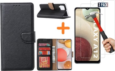 Hoesje Geschikt Voor Samsung Galaxy A12 hoesje wallet case Zwart - Galaxy A12 hoesje bookcase Portemonnee- Galaxy A12 Hoesje book cover hoesjes met 2 pack Screenprotector