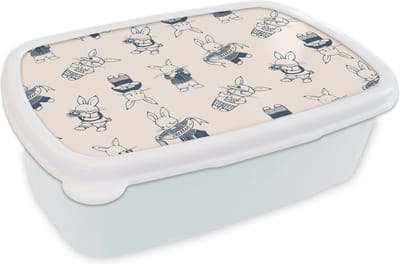 Broodtrommel Wit - Lunchbox - Brooddoos - Konijnen - Vintage - Patronen - 18x12x6 cm - Volwassenen