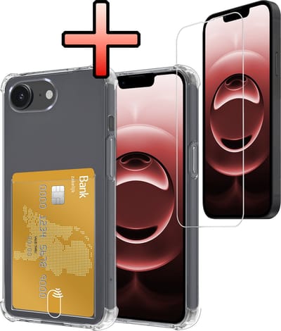 Hoesje - Geschikt voor Apple iPhone 16e / 17e - Met Screenprotector - En Pashouder - En Kaarthouder - Telefoon Hoes Shockproof - Siliconen Case - Back Cover - Shock Proof - Pasjes Houder - Transparant