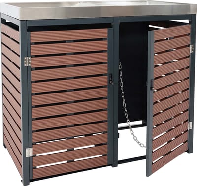 2 afvalemmerbehuizing MCW-K14, afvalemmerbox met plantenbak, 124x134x84cm WPC roestvrij staal 79kg ~ walnoot houtlook